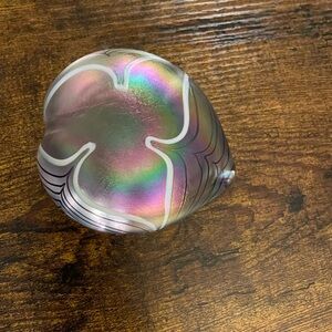 Vintage hand blown Aurene iridescent studio art glass pulled feathers paperweigh